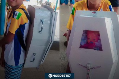 Menino leva mochila em formato de caixão para escola em homenagem ao pai — Brasil. A mãe explicou que o filho sempre