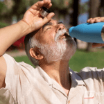Sol forte brilhando intensamente em um céu azul sem nuvens, representando uma onda de calor extrema.