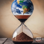 Ilustração do planeta Terra no espaço com um relógio digital flutuante marcando 25 horas, simbolizando a desaceleração da rotação terrestre.