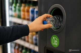 Garrafas de plástico e latas de alumínio alinhadas em uma prateleira de supermercado na Espanha.