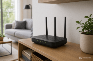 Roteador wireless moderno com antenas posicionadas e luzes de conexão acesas em uma sala bem iluminada.