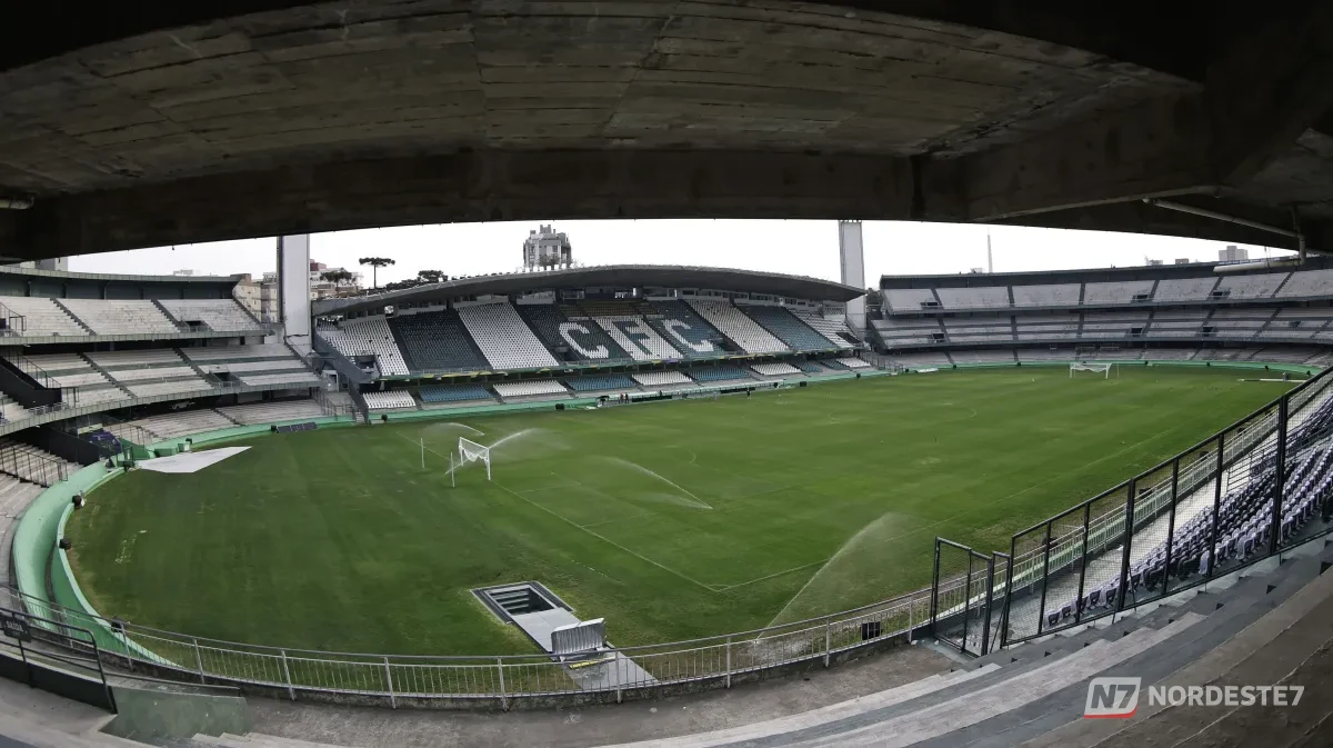 Vista panorâmica do Estádio Major Antônio Couto Pereira em Curitiba, com destaque para o gramado e as arquibancadas do Coritiba.