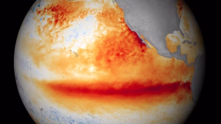 Mapa meteorológico mostrando o aquecimento das águas do Oceano Pacífico característico do fenômeno El Niño sob um sol intenso.