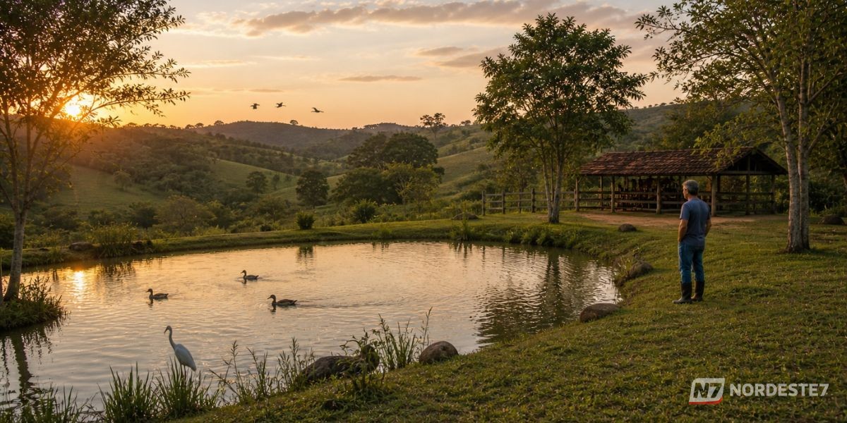 Vista panorâmica de um lago artificial cercado por vegetação exuberante e vida selvagem em uma fazenda transformada.