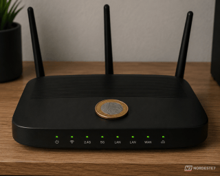 Roteador de internet sem fio com uma moeda de metal posicionada estrategicamente sobre o aparelho para ilustrar truque de ampliação de sinal de Wi-Fi.
