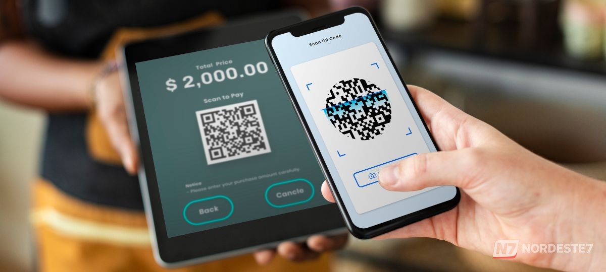 Smartphone exibe o logotipo do aplicativo Zelle em primeiro plano, com uma representação digital do sistema Pix ao fundo.