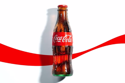 Lata de Coca-Cola Zero sob iluminação de estúdio ao lado de um copo com gelo e refrigerante.