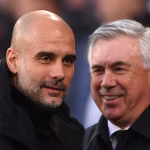 Montagem lado a lado dos técnicos Carlo Ancelotti e Pep Guardiola durante partidas de futebol.